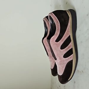 STUART WEITZMAN: soft pink and brown soft suede sneakers